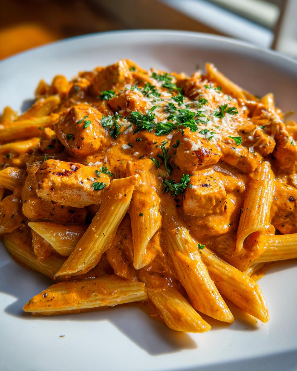 Close-up of creamy cajun chicken pasta featuring penne noodles, seasoned chicken chunks, and a sprinkle of fresh parsley.