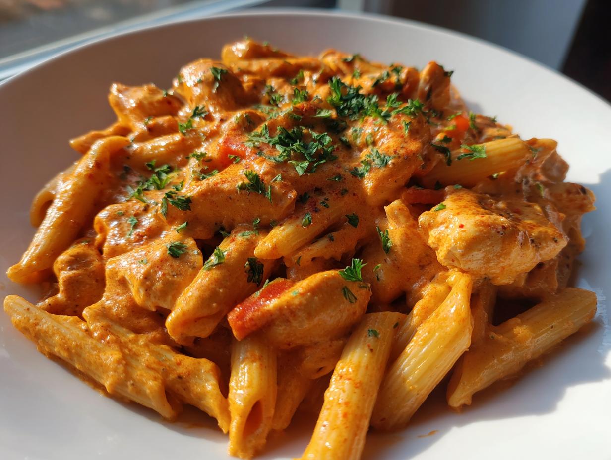 Close-up of creamy, orange-hued cajun chicken pasta with penne, topped with fresh parsley.