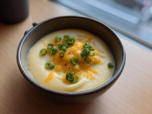 A close-up of a bowl of creamy cauliflower soup topped with melted cheddar cheese and sliced green onions.