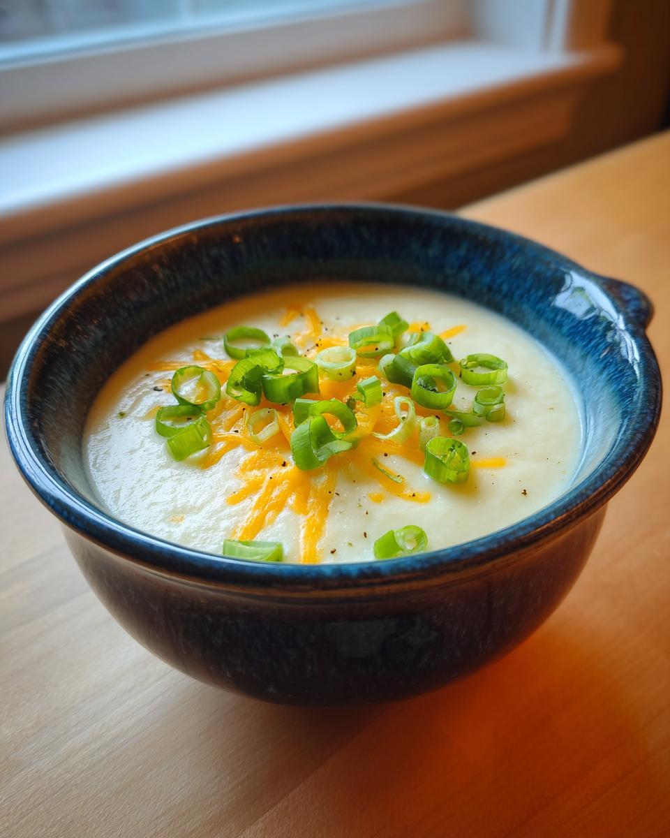 A close-up of creamy cauliflower soup garnished with shredded cheddar cheese and sliced green onions.