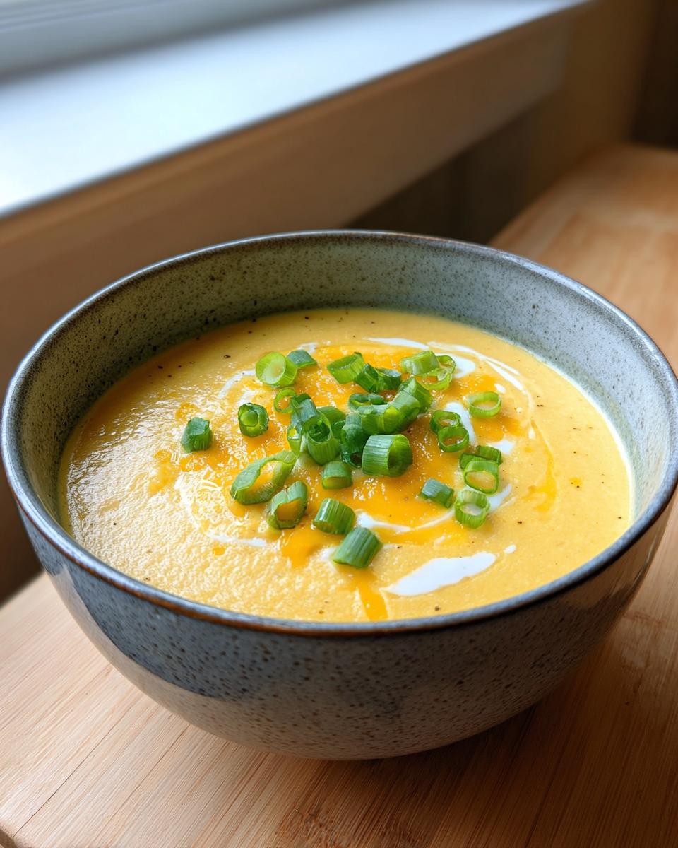A close-up of creamy, yellow cauliflower soup topped with a swirl of cream and chopped green onions.