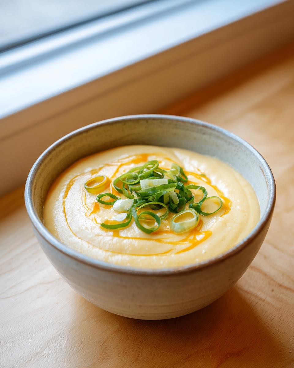 A creamy bowl of cauliflower soup garnished with sliced green onions and a swirl of orange oil.
