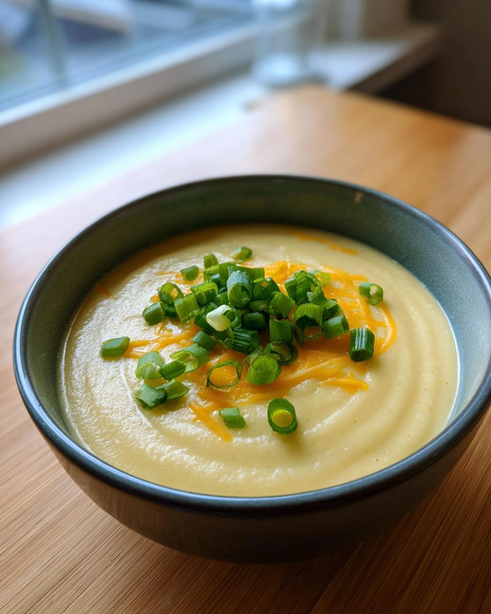 A close-up of creamy cauliflower soup topped with shredded cheddar cheese and fresh chopped green onions.
