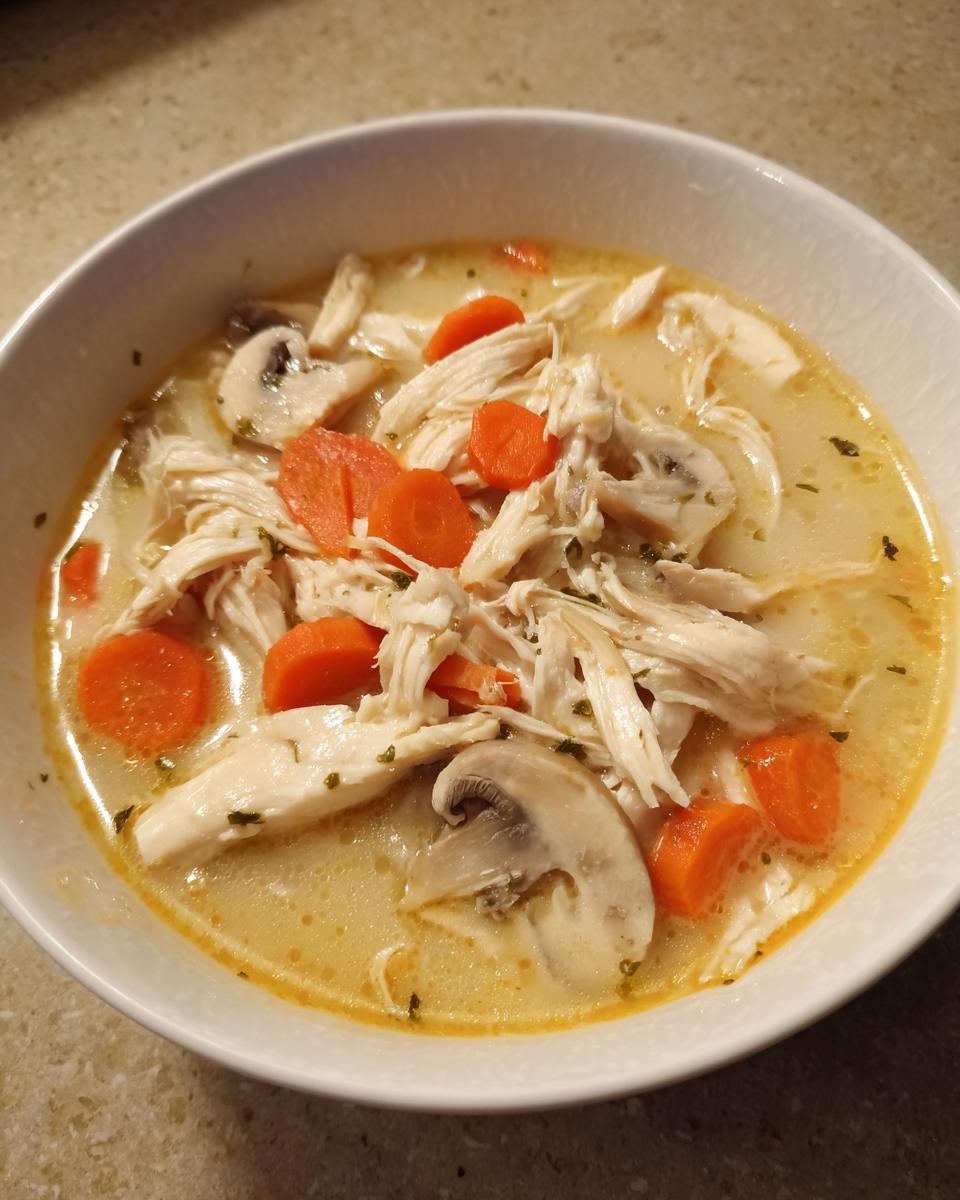 Close-up of a white bowl filled with creamy coconut soup featuring shredded chicken, sliced mushrooms, and bright orange carrots.