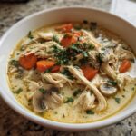 A close-up of a bowl of creamy coconut soup filled with shredded chicken, sliced carrots, mushrooms, and fresh parsley.