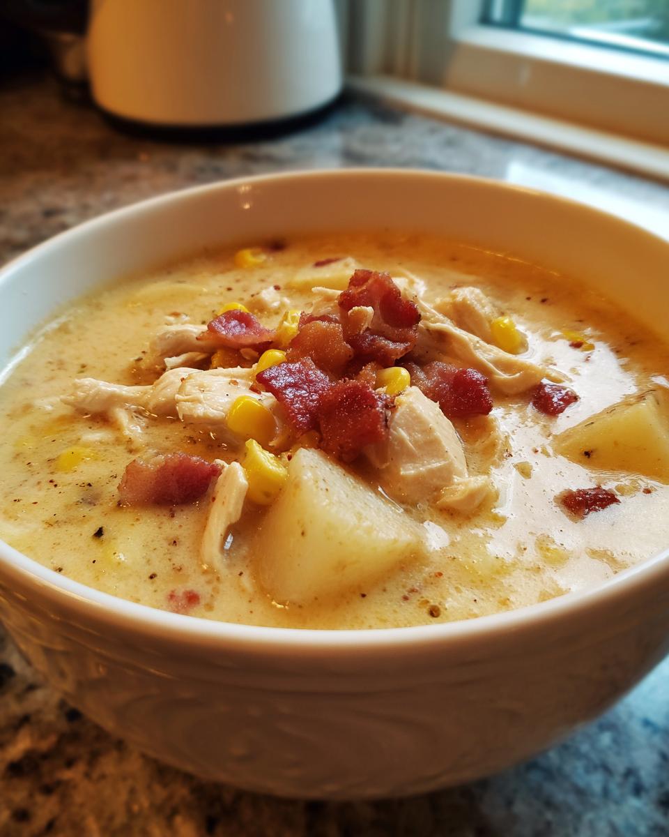 Close-up of a bowl of creamy chicken corn chowder topped with shredded chicken, corn, potatoes, and crispy bacon bits.