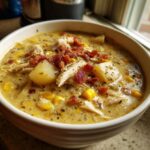 A close-up of a creamy bowl of chicken corn chowder, topped with shredded chicken, potatoes, and crumbled bacon.