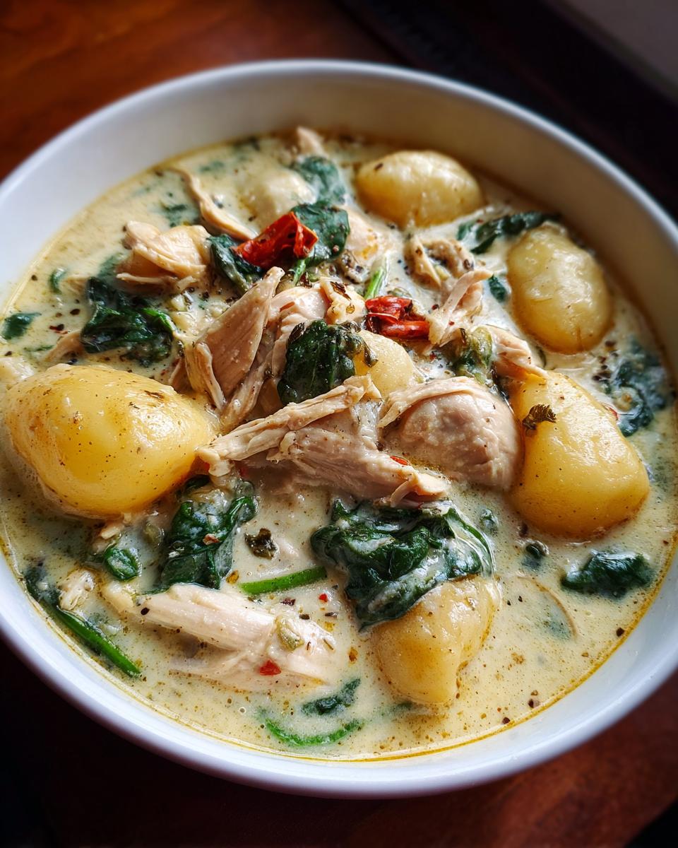 Close-up of a hearty bowl of creamy gnocchi soup featuring shredded chicken, spinach, and potato gnocchi.