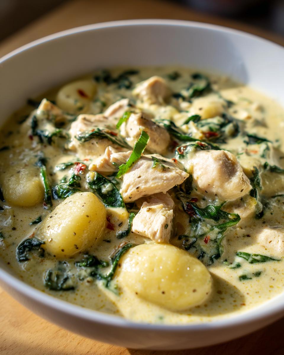 Close-up of creamy chicken and spinach gnocchi soup showing plump gnocchi, chicken pieces, and wilted spinach in a rich broth.