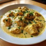 Close-up of tender pieces of coconut chicken swimming in a rich, creamy yellow sauce and garnished with fresh parsley.