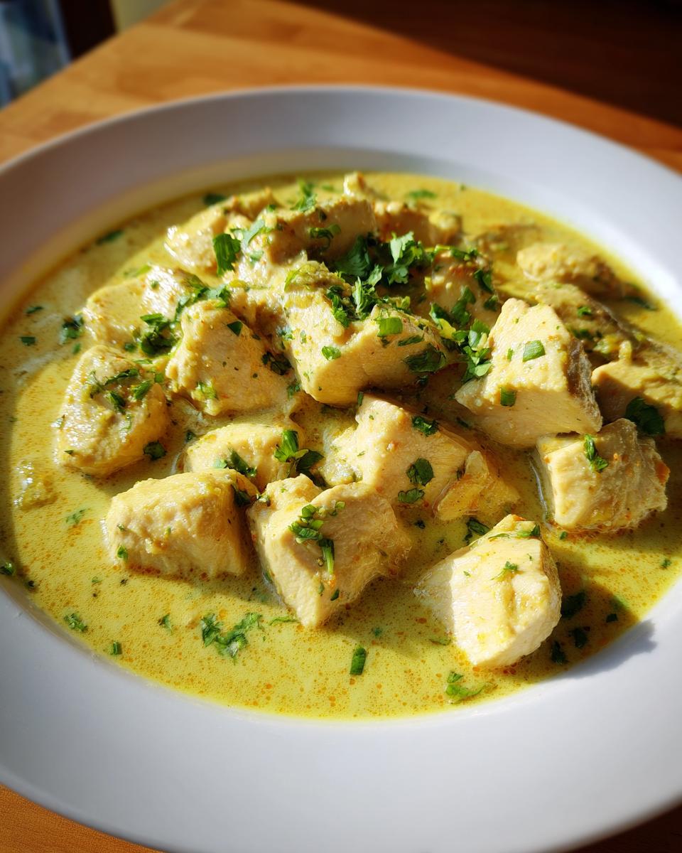 Close-up of tender chunks of coconut chicken served in a rich, yellow coconut cream sauce and garnished with fresh parsley.