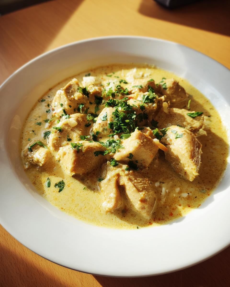 A close-up overhead shot of creamy coconut chicken served in a white bowl, garnished generously with fresh chopped parsley.