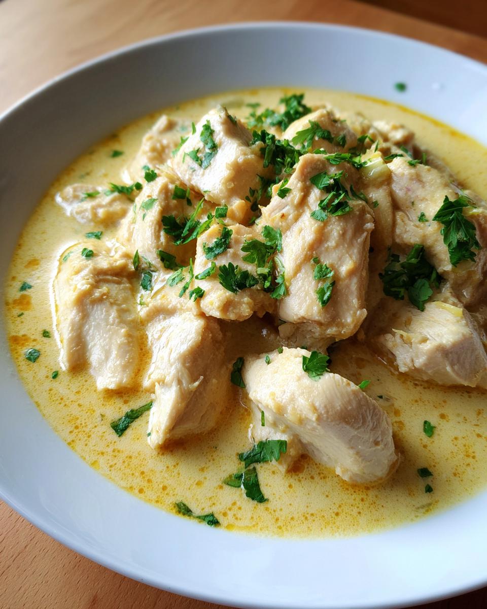 Close-up of tender pieces of coconut chicken served in a creamy yellow sauce and garnished with fresh parsley.