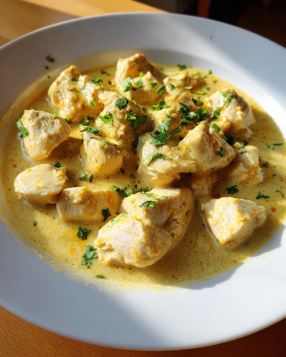 Close-up of tender chicken pieces swimming in a rich, yellow coconut chicken sauce, garnished with fresh parsley.