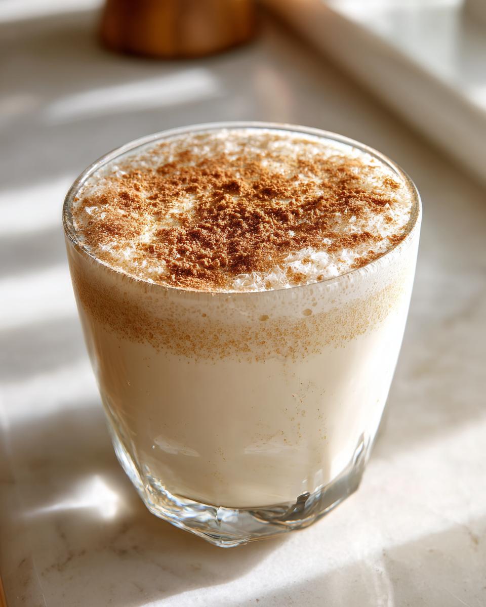 Close-up of a glass filled with creamy coquito, topped with a generous dusting of cinnamon.