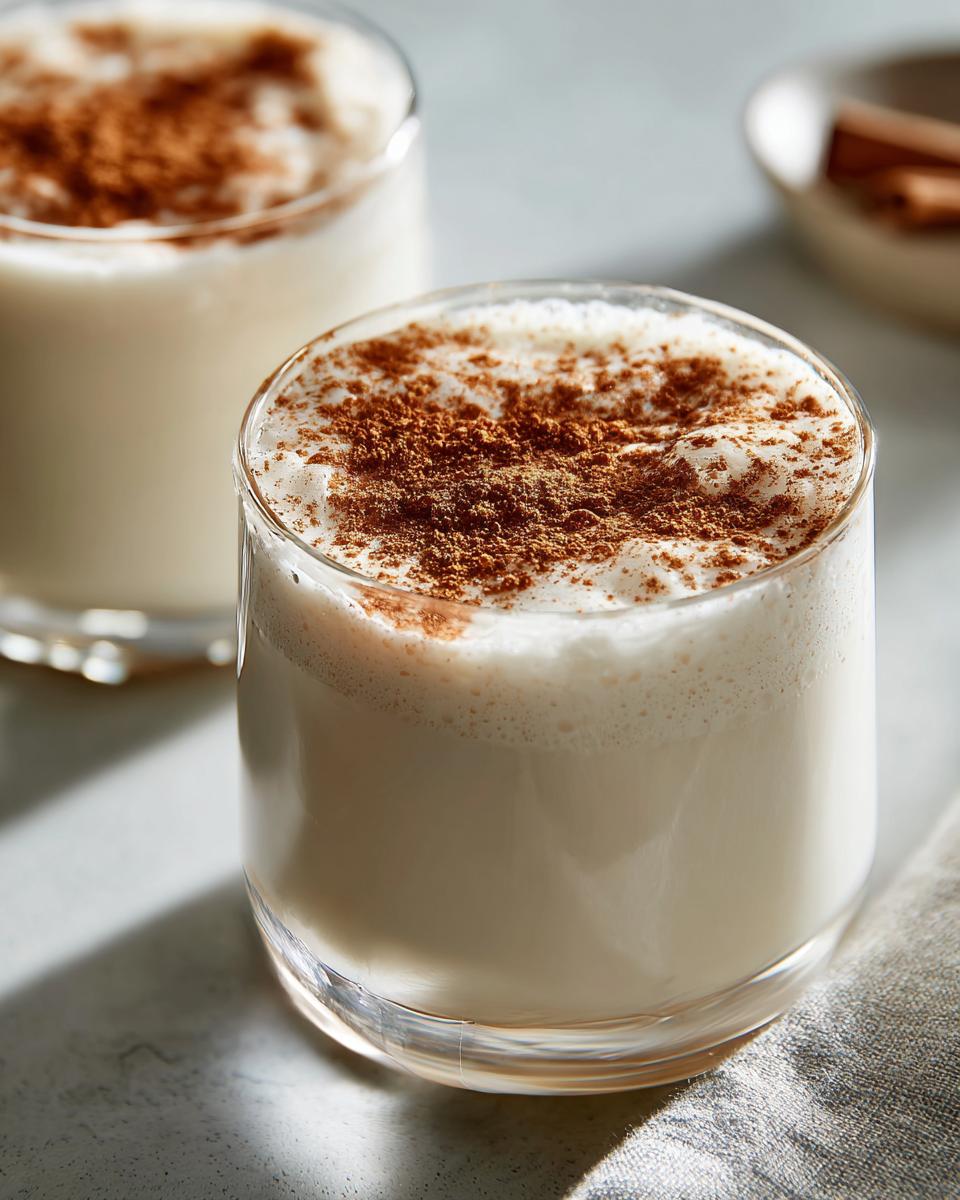 Close-up of a glass filled with creamy coquito, topped with a generous dusting of ground cinnamon.