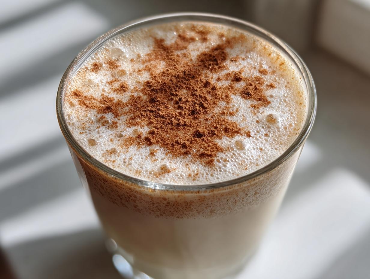 Close-up of a glass filled with creamy coquito, topped with frothy foam and a dusting of ground cinnamon.