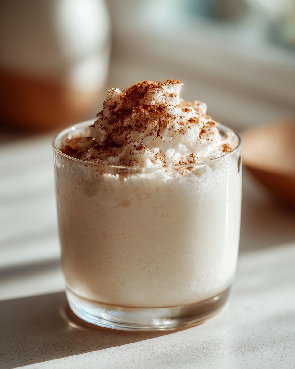A glass filled with creamy, frothy coquito topped with whipped cream and a dusting of cinnamon.