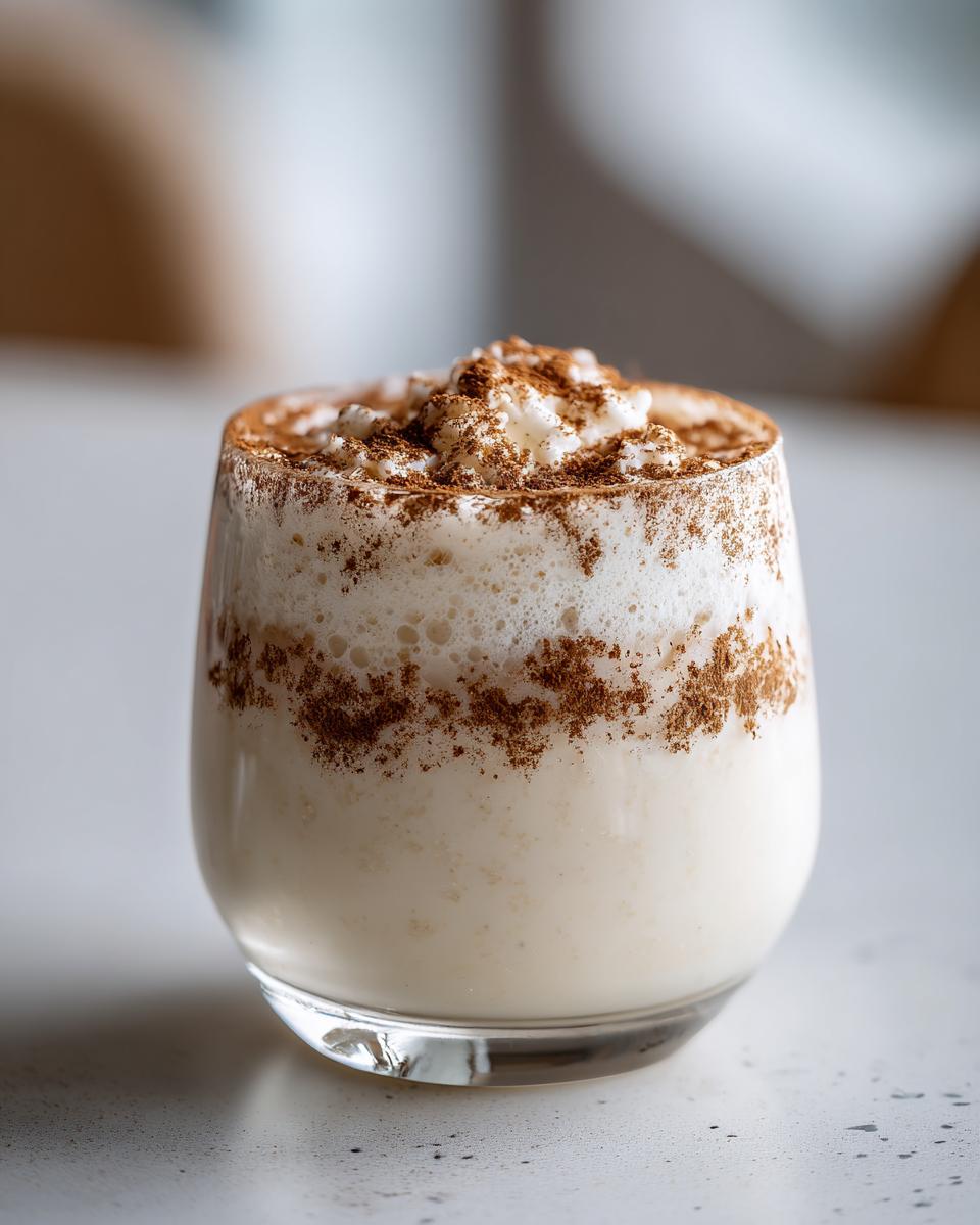 Close-up of a glass filled with creamy coquito, topped with whipped cream and a dusting of cinnamon.