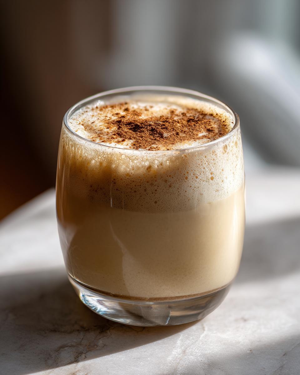 Close-up of a glass filled with creamy eggnog, topped with a thick layer of foam and sprinkled with ground cinnamon.