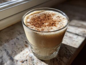 A glass of creamy eggnog topped with a sprinkle of ground cinnamon, sitting on a granite countertop near a window.