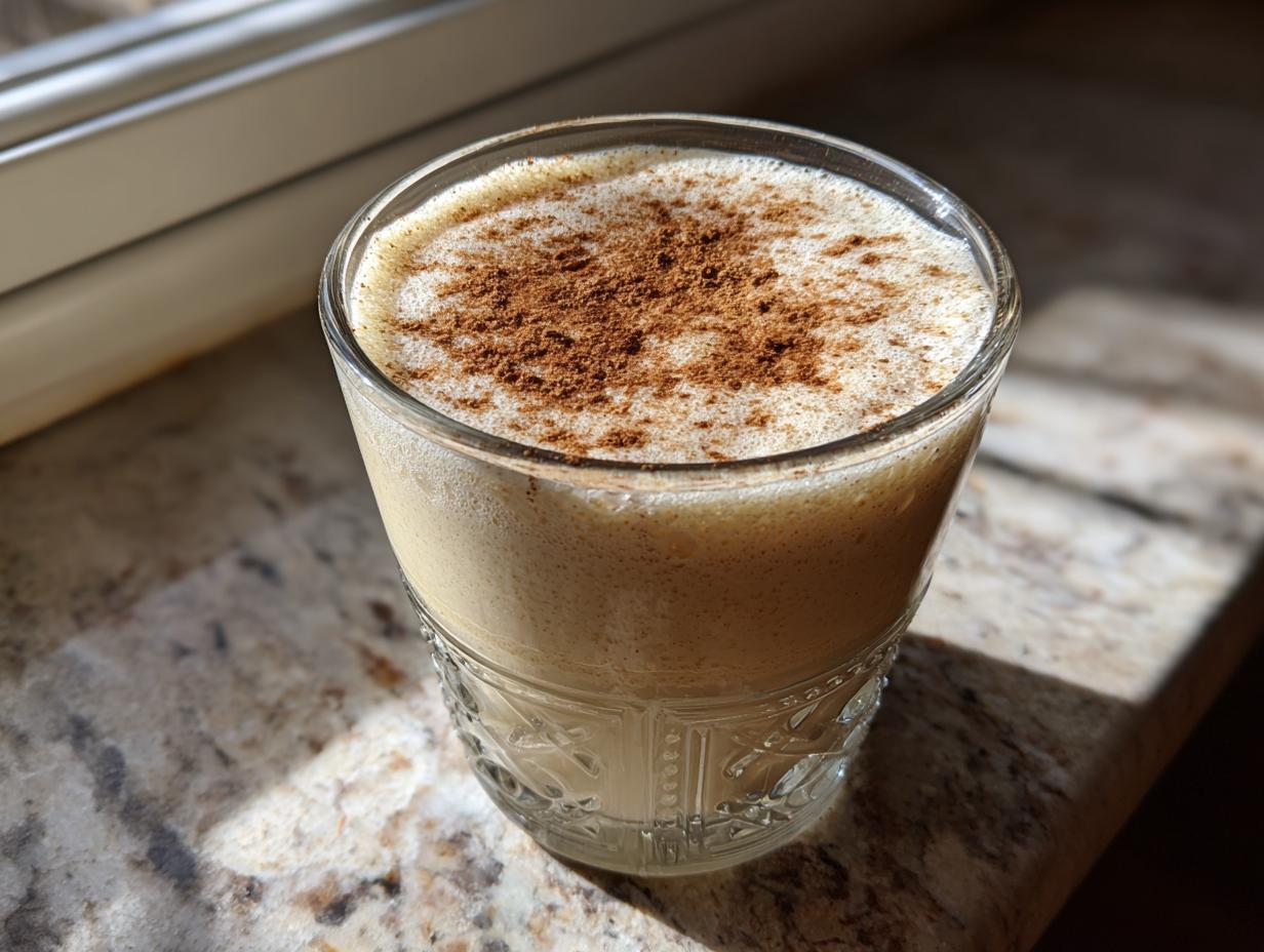 A glass of creamy eggnog topped with a sprinkle of ground cinnamon, sitting on a granite countertop near a window.
