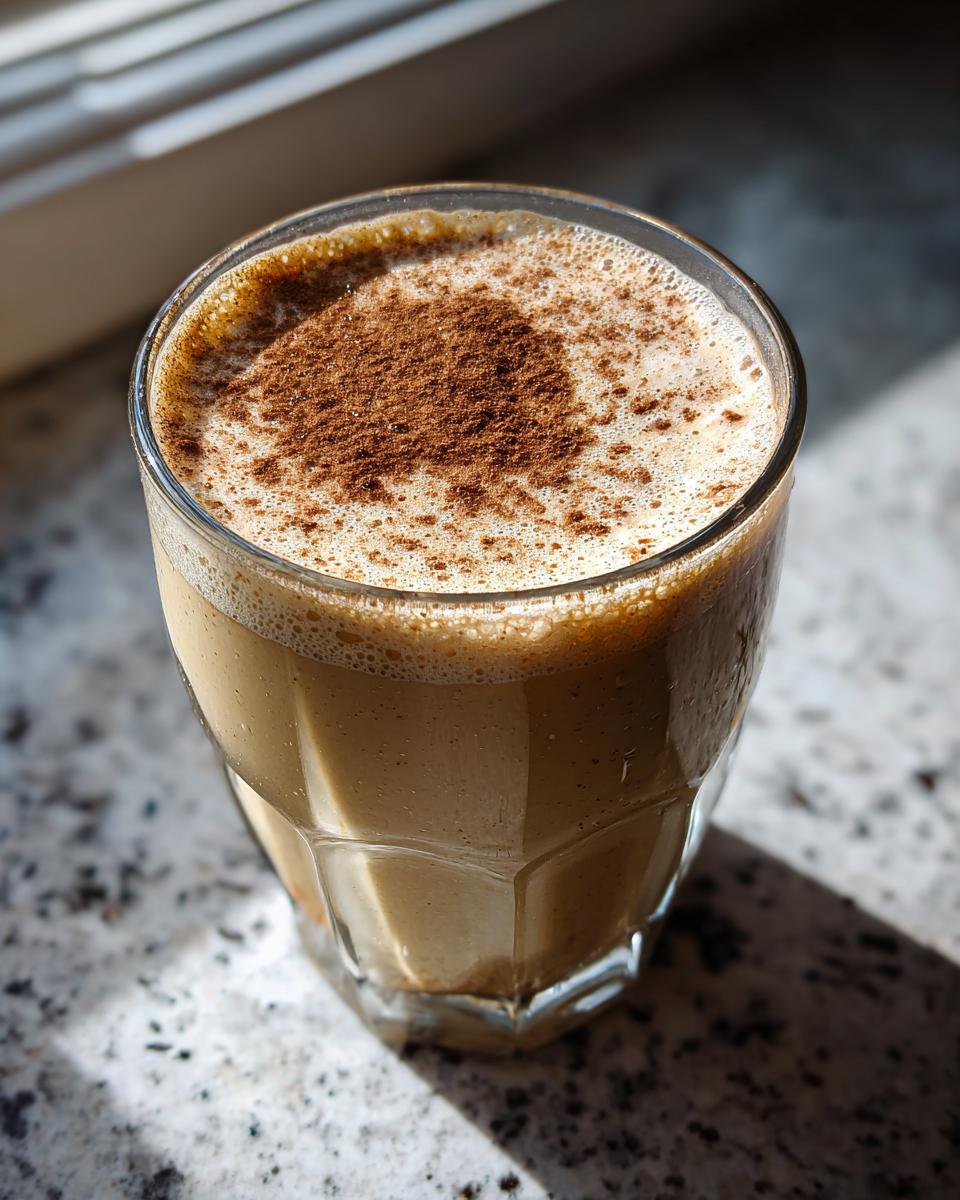 A glass of creamy eggnog topped with a dusting of cinnamon, sitting on a speckled countertop in bright sunlight.