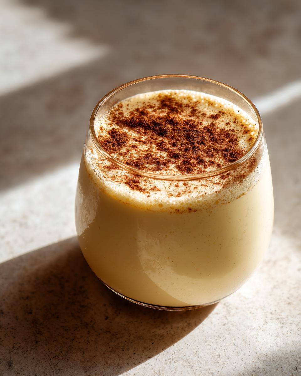 A close-up of creamy, yellow homemade eggnog in a glass, dusted heavily with cinnamon.