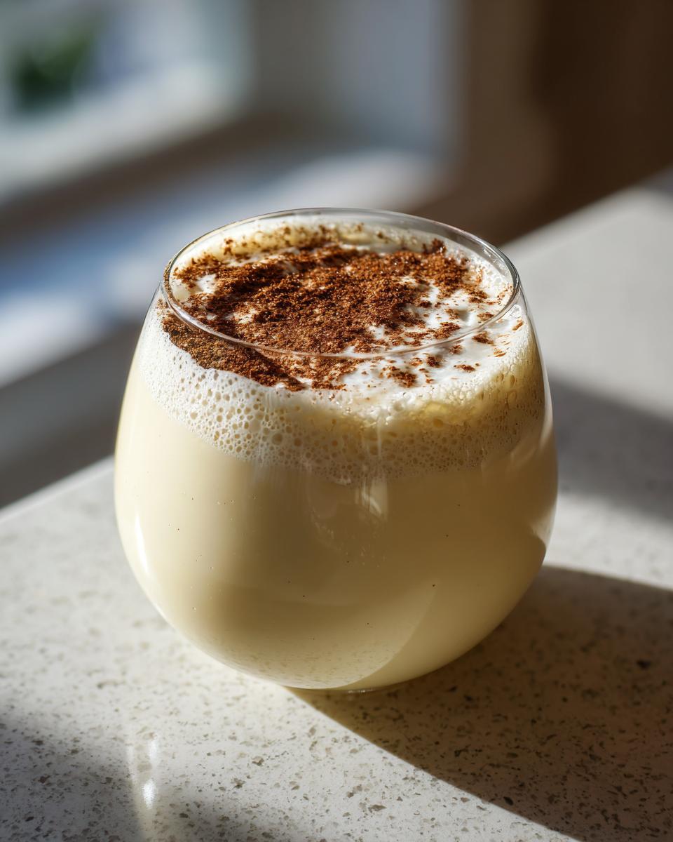 Close-up of a glass filled with creamy eggnog, topped with foam and a generous dusting of nutmeg.