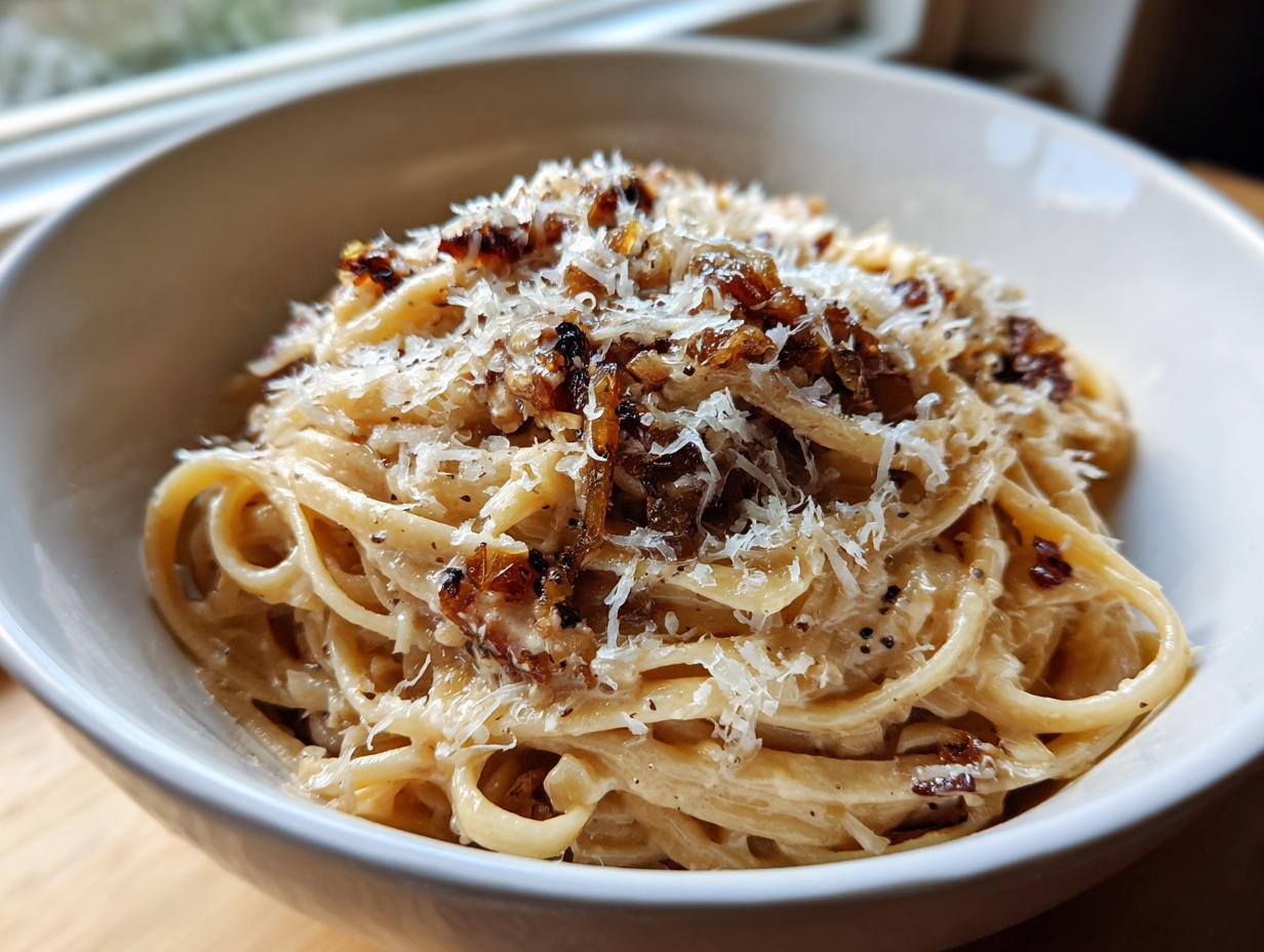 A close-up of a bowl of creamy french onion pasta, generously topped with grated Parmesan cheese and caramelized onions.