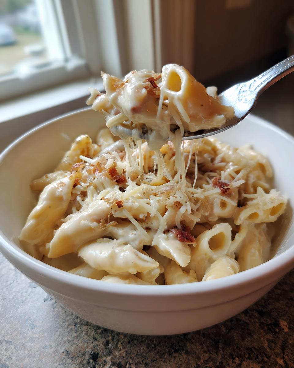 A fork lifting a cheesy bite of creamy french onion pasta topped with bacon bits and shredded cheese.