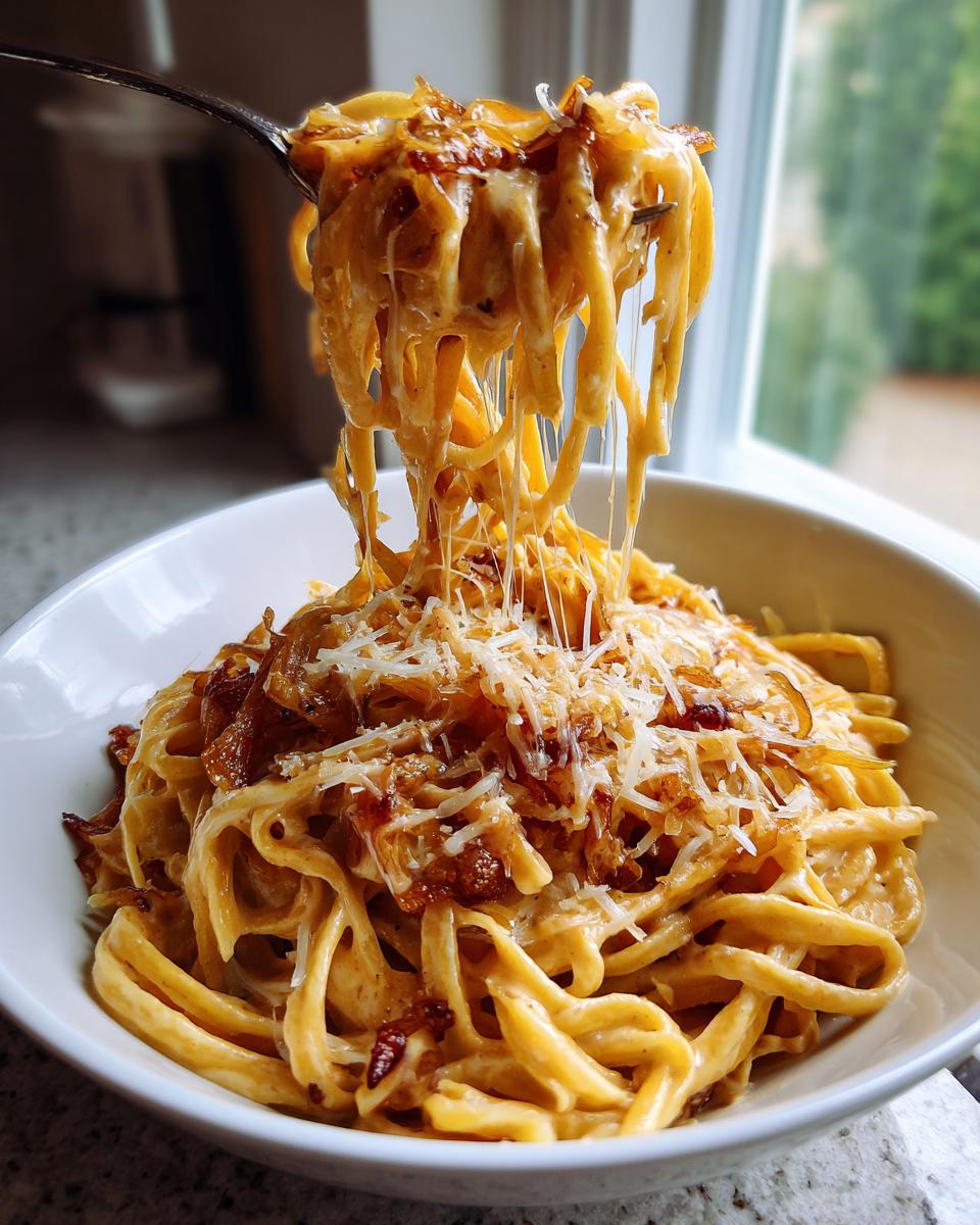 A fork lifts creamy french onion pasta, showing long cheese pulls over a bowl topped with caramelized onions and grated cheese.