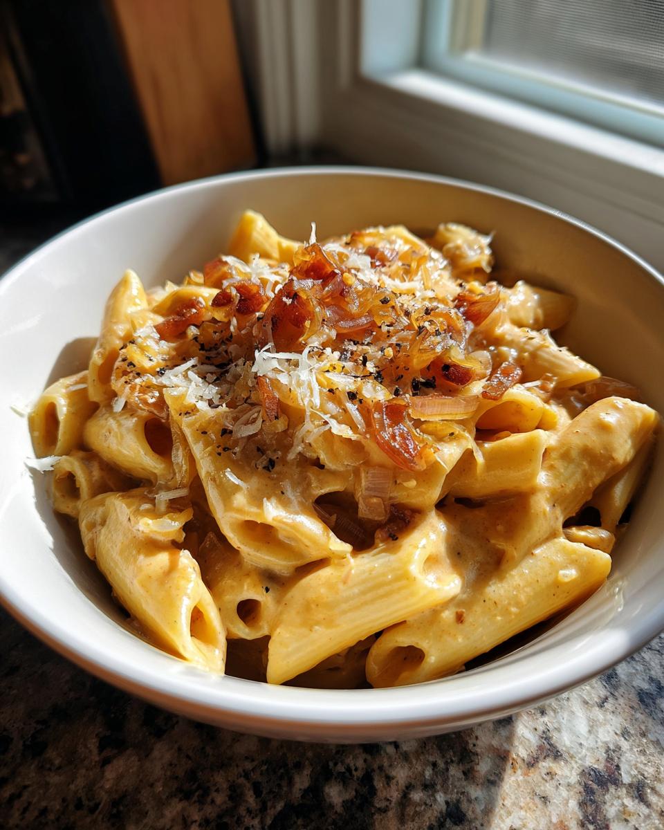 A close-up of creamy french onion pasta featuring penne coated in a rich sauce, topped with caramelized onions and grated cheese.