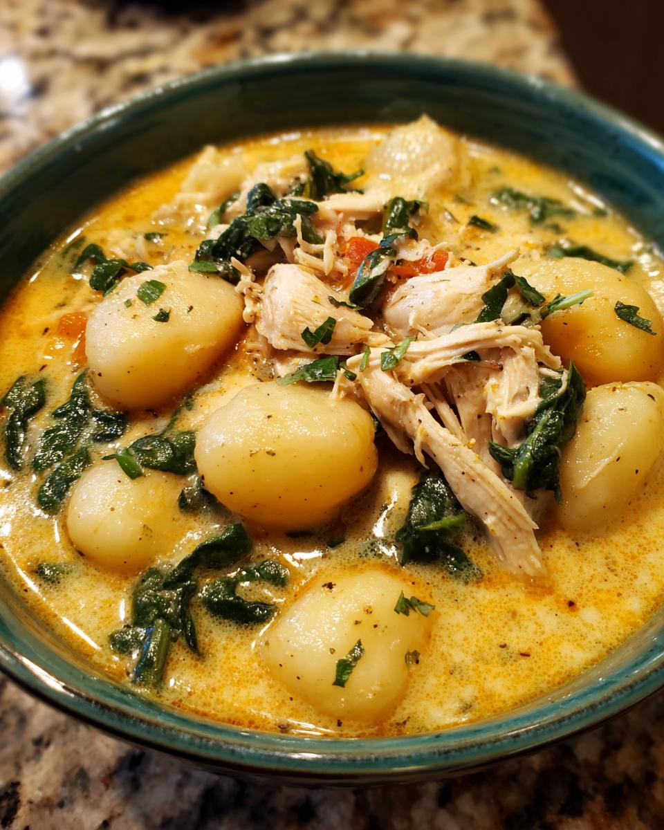A close-up bowl of creamy gnocchi soup featuring tender shredded chicken, wilted spinach, and plump gnocchi.