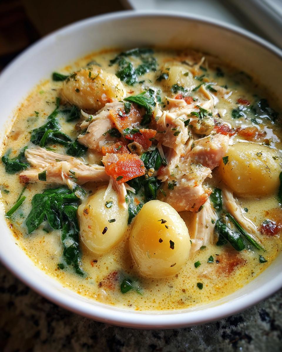 Close-up of a bowl of creamy gnocchi soup featuring shredded chicken, spinach, and bacon pieces.