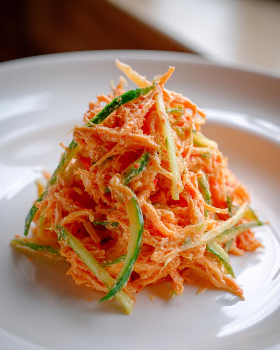 A close-up, vibrant mound of kani salad featuring shredded imitation crab and cucumber strips coated in a creamy orange dressing.