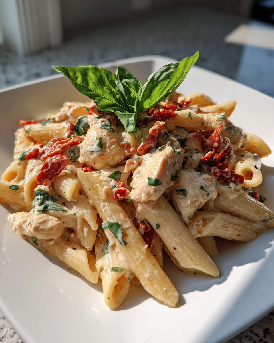 A close-up of creamy Marry Me Chicken Pasta featuring penne, chicken chunks, sun-dried tomatoes, and a fresh basil garnish.