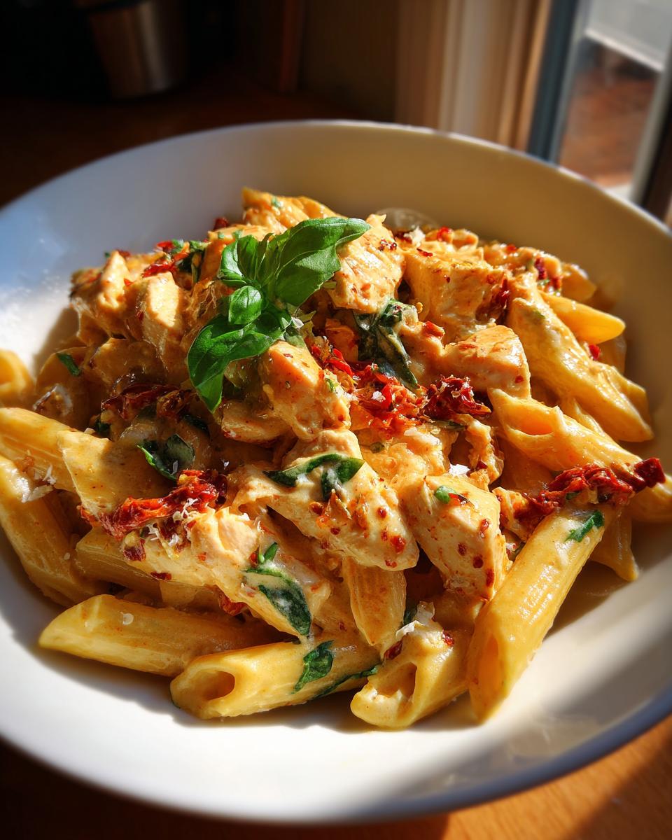 Close-up of creamy Marry Me Chicken Pasta featuring penne, chicken chunks, sun-dried tomatoes, and basil.