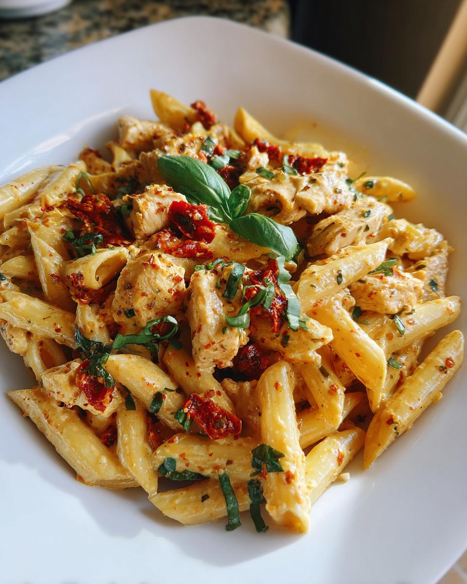 Close-up of a bowl of creamy Marry Me Chicken Pasta featuring penne, chicken pieces, sun-dried tomatoes, and fresh basil garnish.