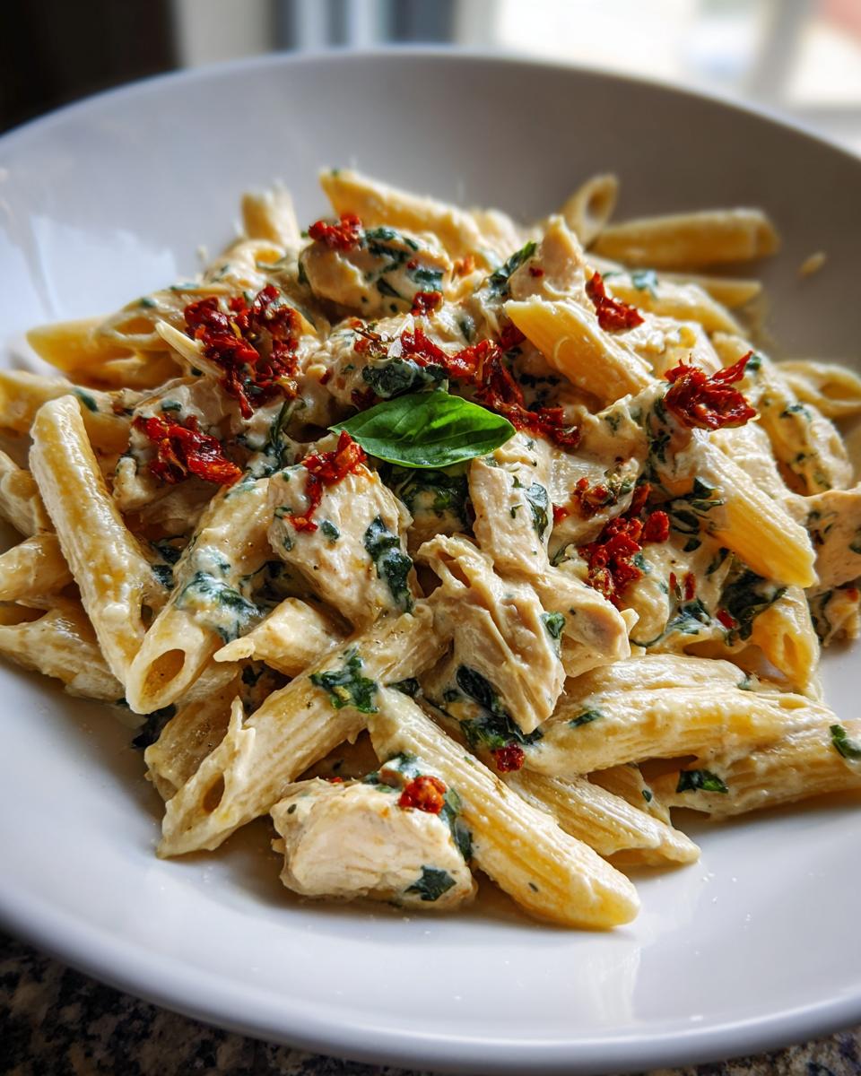 Close-up of creamy Marry Me Chicken Pasta featuring penne, chicken pieces, spinach, and sun-dried tomatoes.