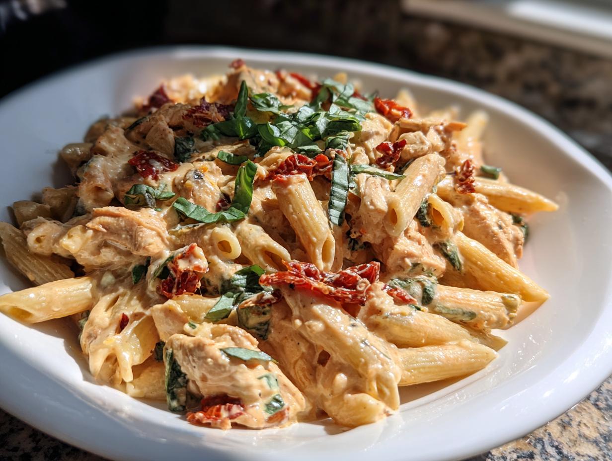 Close-up of creamy Marry Me Chicken Pasta with sun-dried tomatoes and fresh basil garnish.