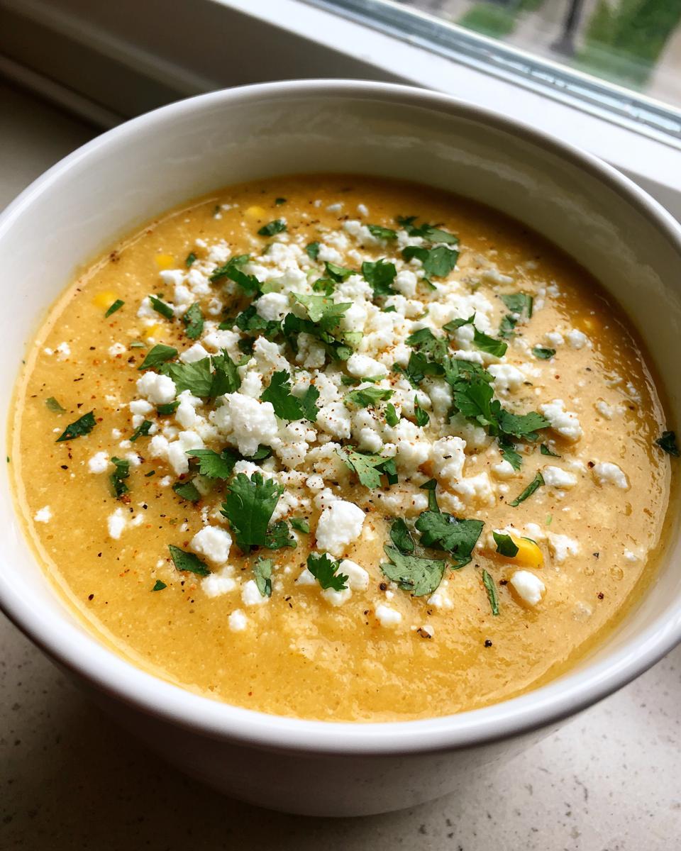 Close-up of a bowl of creamy mexican street corn soup topped generously with crumbled white cheese and fresh cilantro.