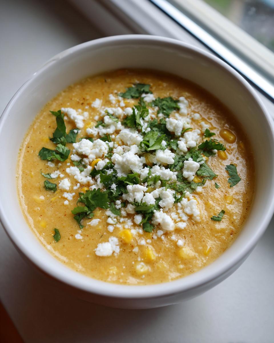 A close-up of creamy Mexican street corn soup topped generously with crumbled white cheese and fresh cilantro.
