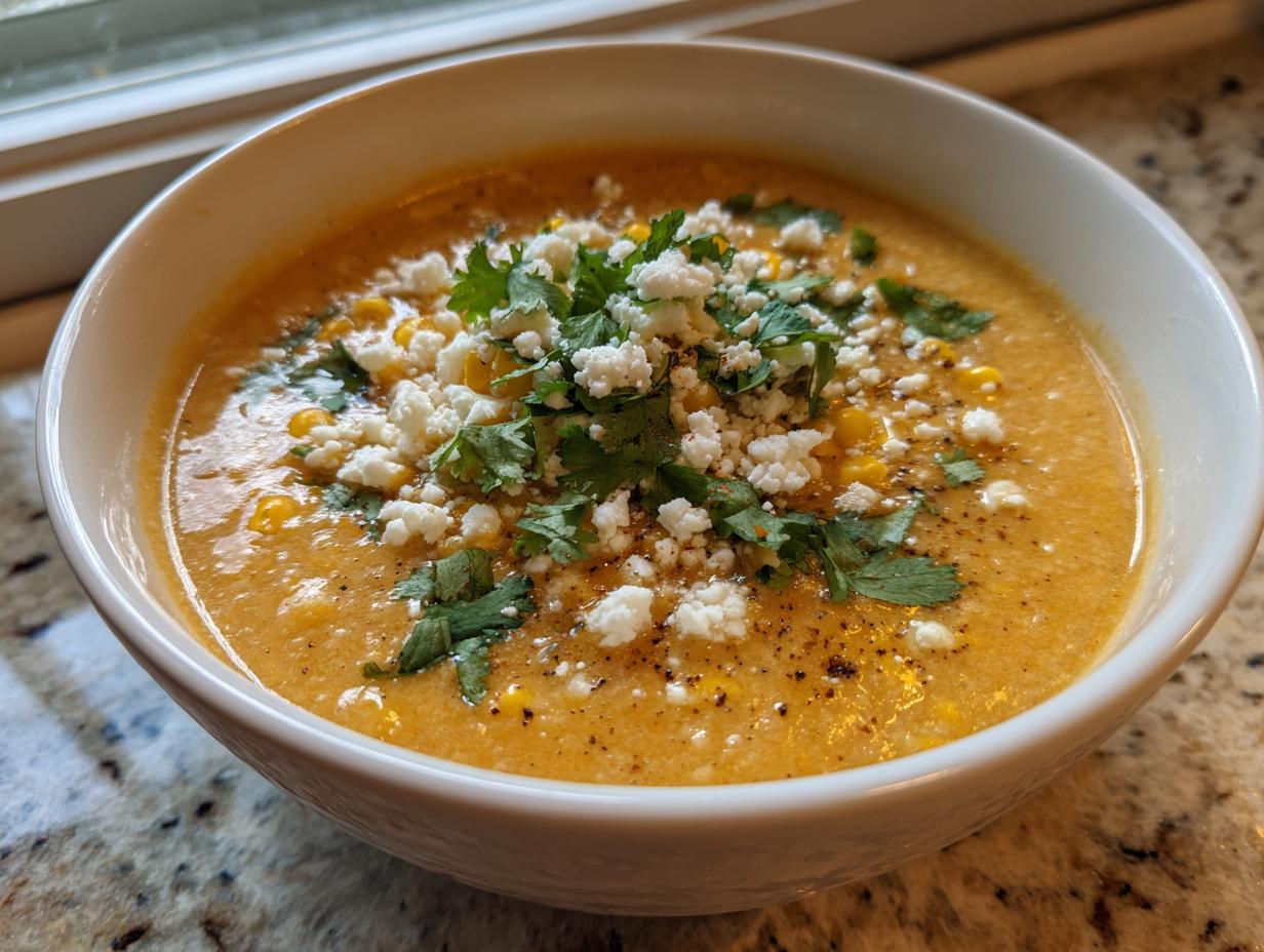 Close-up of a bowl of creamy, orange-hued mexican street corn soup topped with crumbled white cheese and fresh cilantro.