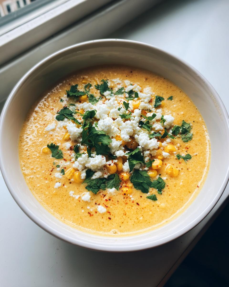 A close-up overhead view of a bowl of creamy mexican street corn soup garnished with cotija cheese, corn kernels, and cilantro.