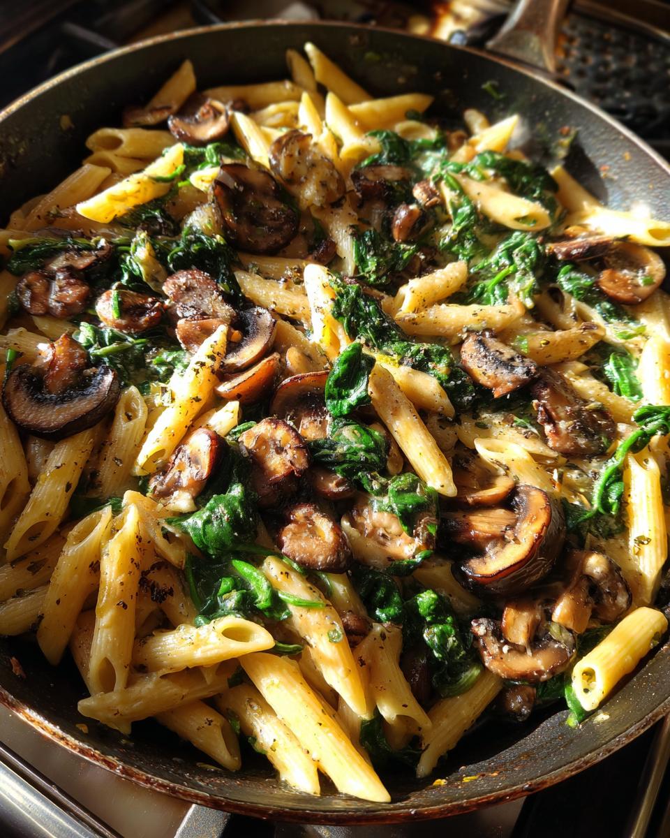 Close-up of creamy mushroom pasta with penne and wilted spinach being cooked in a dark skillet.