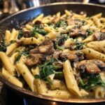 Close-up of creamy mushroom pasta made with penne, sautéed mushrooms, and spinach in a skillet.