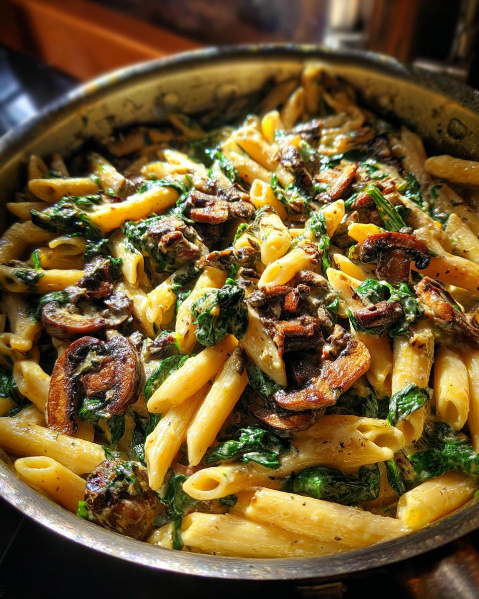 Close-up of creamy penne pasta mixed with sautéed mushrooms and spinach, ready to serve in a metal pan.