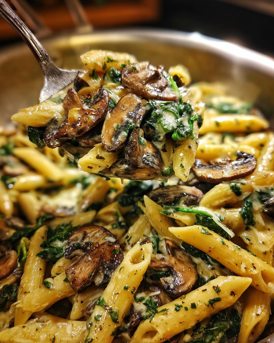A fork lifting a generous portion of creamy mushroom pasta with spinach from a pan.