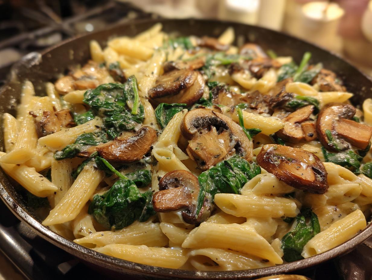 Close-up of creamy mushroom pasta featuring penne, sautéed mushrooms, and wilted spinach in a dark skillet.